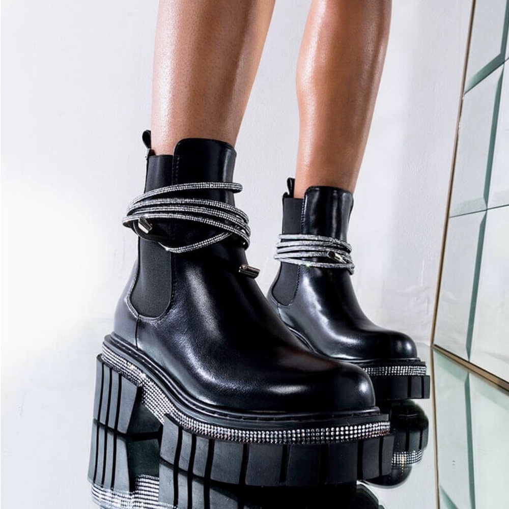 Azalea Wang Black Platform Ankle Boots with Silver Accents - Worn Once